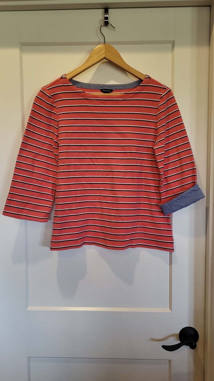 Nautica Women's 100% Cotton 3/4 Sleeve Striped Boatneck Top with Chambray Cuffs,